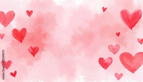 Romantic watercolor background with red hearts, perfect for love themes