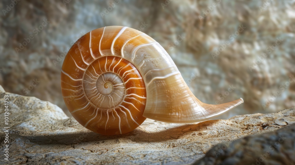Nautilus shell in closeup, showcasing its intricate spiral pattern. The shell's geometric design is a stunning example of nature's artistry. Nautilus shell in closeup, showcasing its intricate spiral pattern. The shell's geometric design is a stunning example of nature's artistry.
