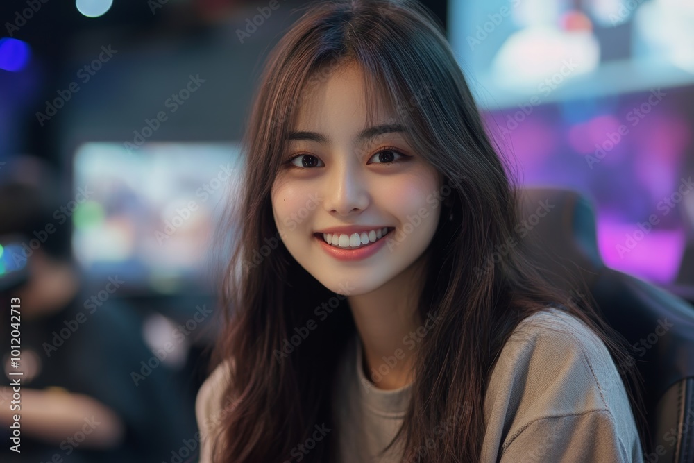Portrait of Asian young woman playing video games and smiling at camera in pro cybersports team, copy space, Generative AI Portrait of Asian young woman playing video games and smiling at camera in pro cybersports team, copy space, Generative AI