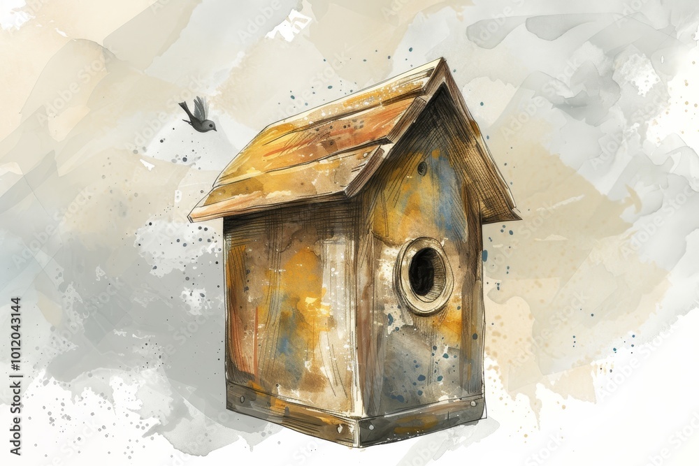 A vibrant birdhouse nestled among lush greenery with a bird perched nearby in a serene forest setting during twilight hours A vibrant birdhouse nestled among lush greenery with a bird perched nearby in a serene forest setting during twilight hours