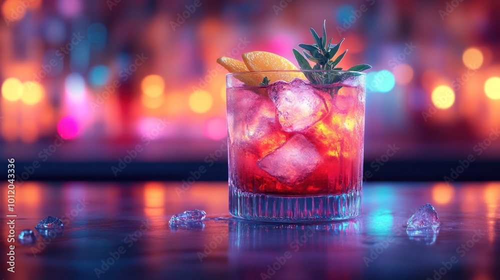 A refreshing red cocktail with ice and orange garnish on a bar counter with colorful lights in the background. A refreshing red cocktail with ice and orange garnish on a bar counter with colorful lights in the background.