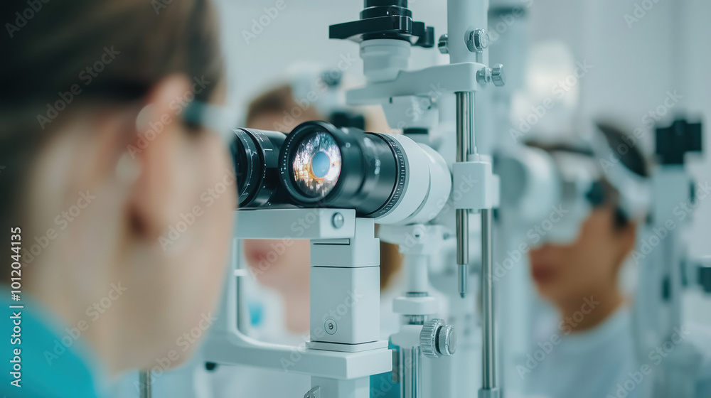 Annual eye exam. Close up of ophthalmologist checking the eyesight of patient with ophthalmoscope used for examining, annual eye examination. annual ophthalmology appointment	
