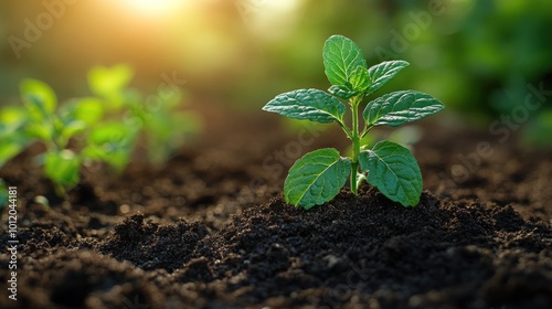 Close-up of a young green plant growing in rich soil with sunlight in the background.