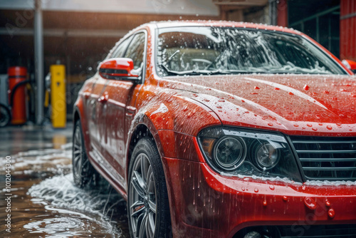 Close up professional wash of red car with shampoo foam and splashes of water, auto detailing service. Car wash