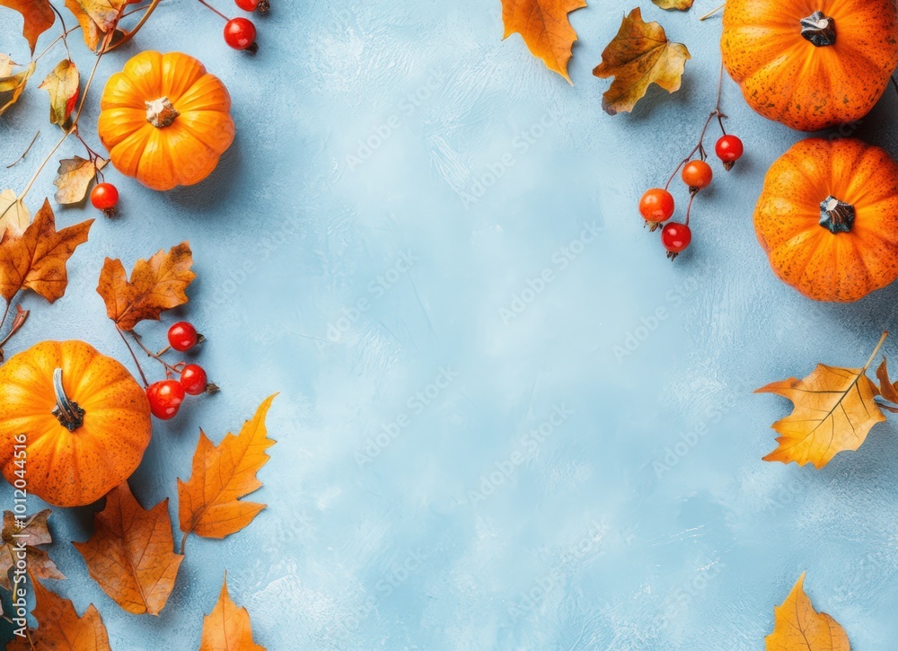 Obraz premium Autumn background with pumpkins, leaves, and berries on a light blue pastel color background, top view. Greeting card for a happy, cozy concept. Copy space banner. Autumn composition.