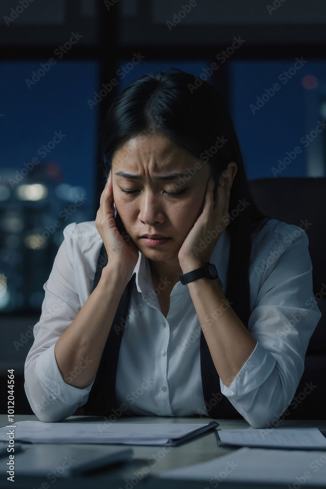 Portrait of tired manager woman is sitting at a desk with her head on her hand at night in the office, a lot of work. She is stressed Portrait of tired manager woman is sitting at a desk with her head on her hand at night in the office, a lot of work. She is stressed
