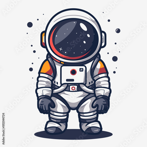 A cartoon astronaut is standing in front of a starry background. The astronaut is wearing a white suit and has red stripes on his legs. Concept of adventure and exploration