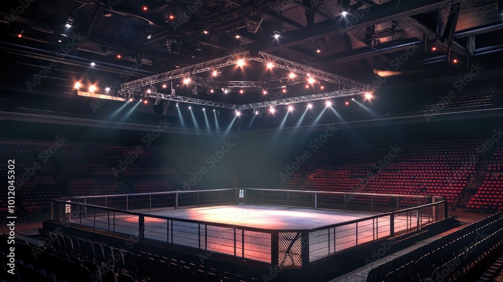 3D Rendering of an Empty MMA Arena Viewed from the Side with Complete Stands and Lighting. AI generated illustration 3D Rendering of an Empty MMA Arena Viewed from the Side with Complete Stands and Lighting. AI generated illustration