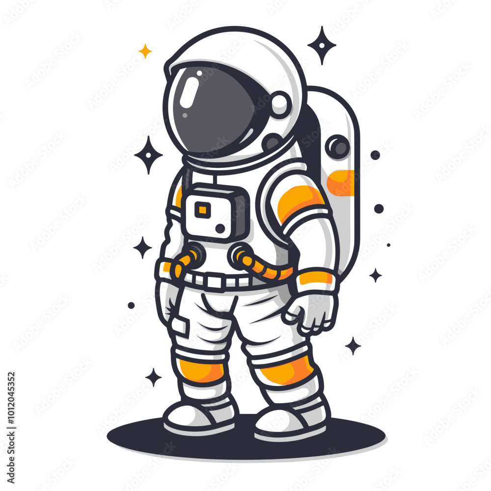 A cartoon astronaut is standing in front of a starry background. The astronaut is wearing a white suit and has red stripes on his legs. Concept of adventure and exploration A cartoon astronaut is standing in front of a starry background. The astronaut is wearing a white suit and has red stripes on his legs. Concept of adventure and exploration