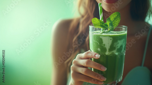 A radiant woman enjoying a refreshing green smoothie in a glass, featuring mint leaves, with a soothing pastel green background. smoothie benefits, healthy lifestyle, green nutriti photo