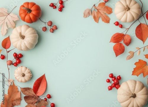 Autumn background with pumpkins, leaves, and berries on a light blue pastel color background, top view. Greeting card for a happy, cozy concept. Copy space banner. Autumn composition.