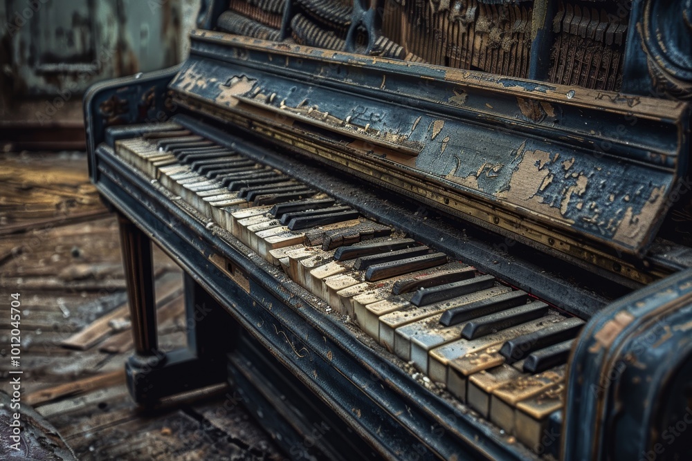 An old, weathered piano with chipped keys showcases its rustic charm in a forgotten room illuminated by soft, natural light An old, weathered piano with chipped keys showcases its rustic charm in a forgotten room illuminated by soft, natural light