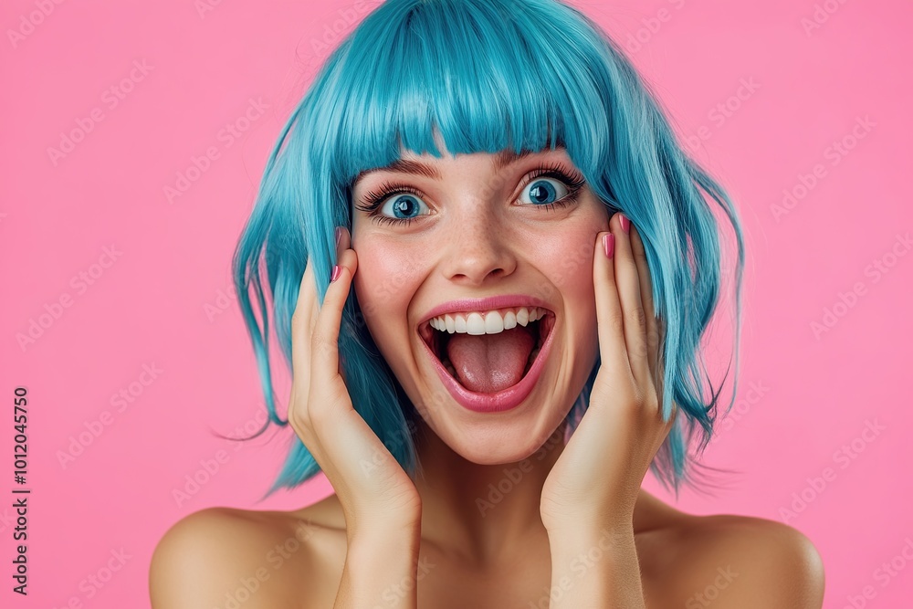 Portrait of beautiful emotional woman in blue wig on pink background Portrait of beautiful emotional woman in blue wig on pink background