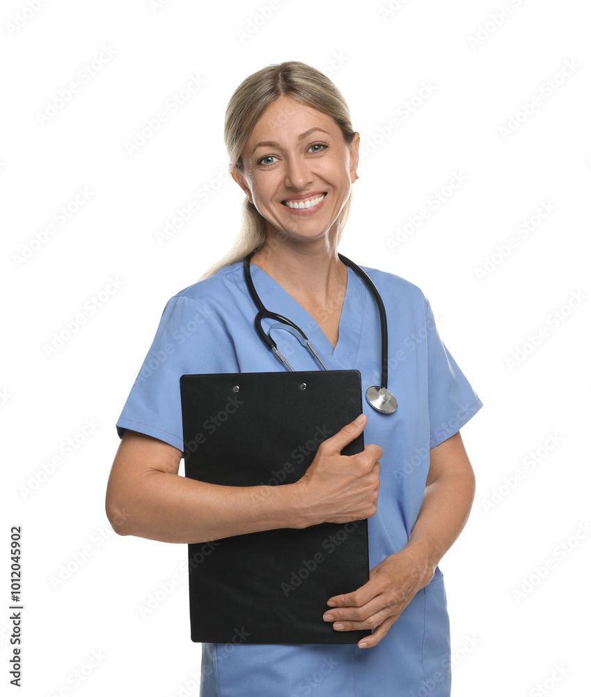 Doctor in medical uniform with clipboard and stethoscope isolated on white Doctor in medical uniform with clipboard and stethoscope isolated on white