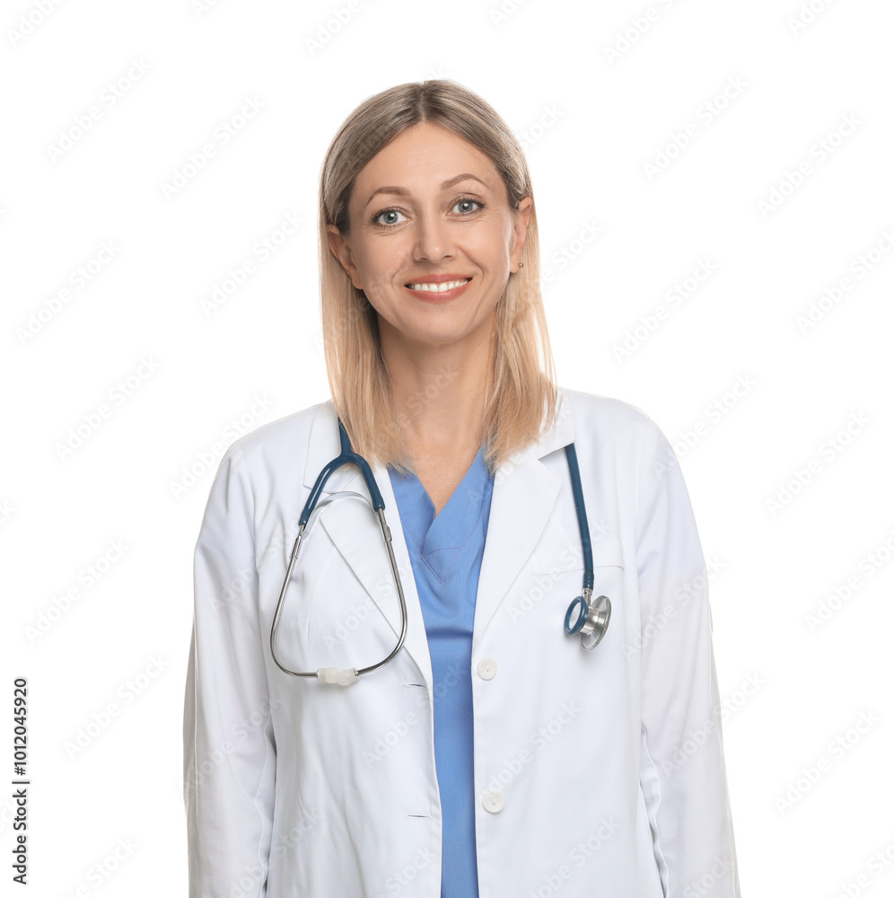 Portrait of doctor in medical uniform with stethoscope isolated on white Portrait of doctor in medical uniform with stethoscope isolated on white