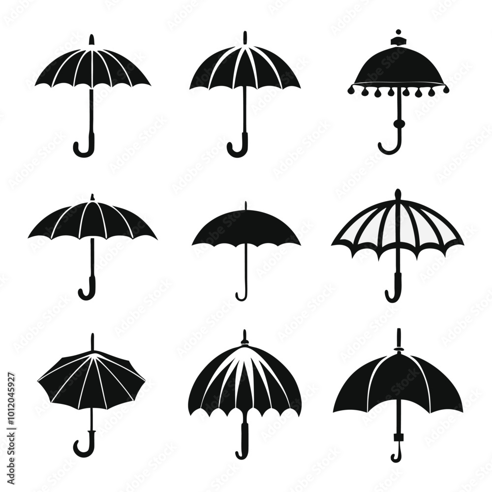 Black silhouette set of various umbrella vector Black silhouette set of various umbrella vector