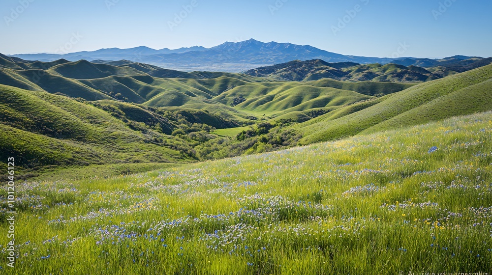 Lush green hills with wildflowers in the foreground and a mountain range in the background under a clear blue sky. Lush green hills with wildflowers in the foreground and a mountain range in the background under a clear blue sky.