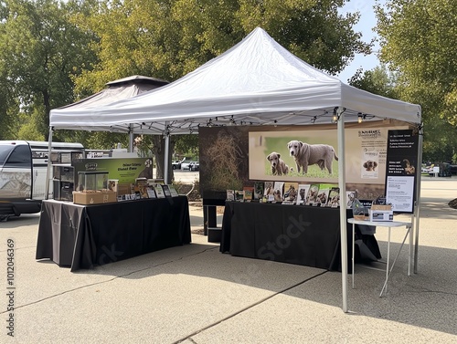 Outdoor stall display featuring product information and promotional materials under a white canopy at a market event.