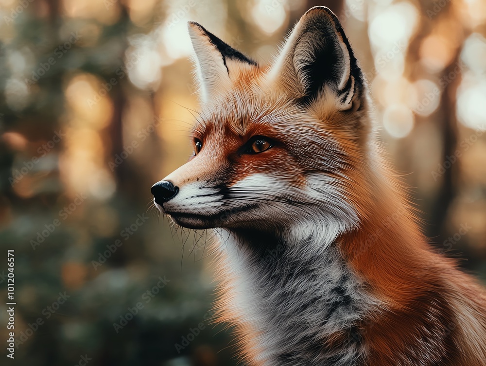 Fototapeta premium Close-up of a red fox in a forest, showcasing its vibrant fur and alert expression in warm, natural light.