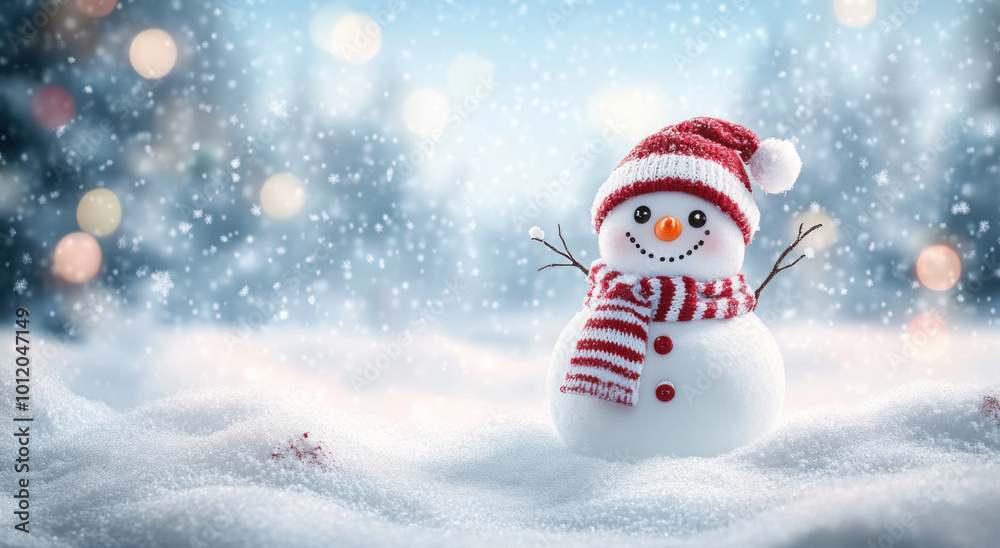 Panoramic view of happy snowman in winter secenery with copy space