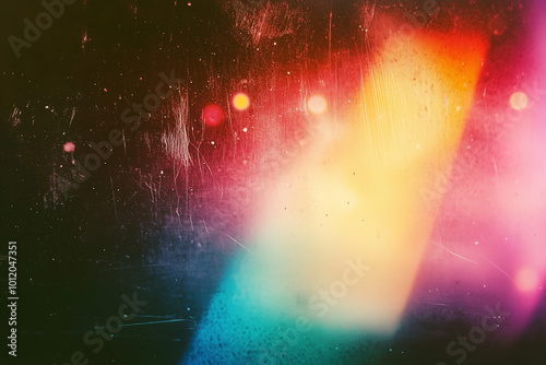 Blur colorful warm rainbow light leaks on black background with dust texture. Defocused abstract damaged scratched retro film analog effect for using over photos as overlay or screen filter photo