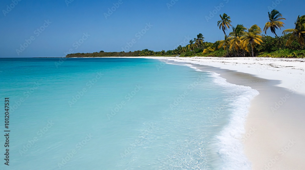 Pristine white sand beach with turquoise water and palm trees. Pristine white sand beach with turquoise water and palm trees.