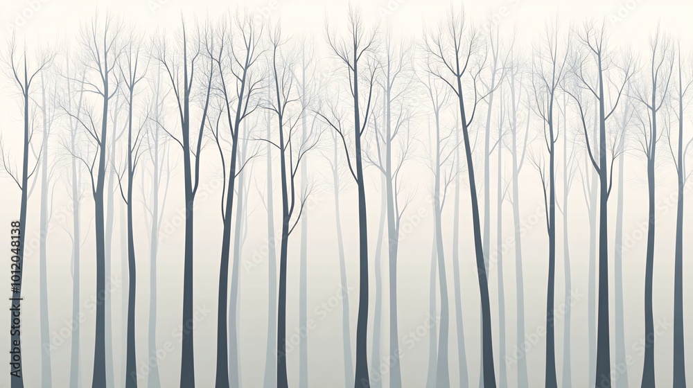 Silhouettes of bare trees in a misty forest. Silhouettes of bare trees in a misty forest.
