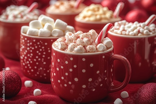 A row of five red mugs filled with hot chocolate, marshmallows, and candy canes. The mugs are on a red background with red ornaments.