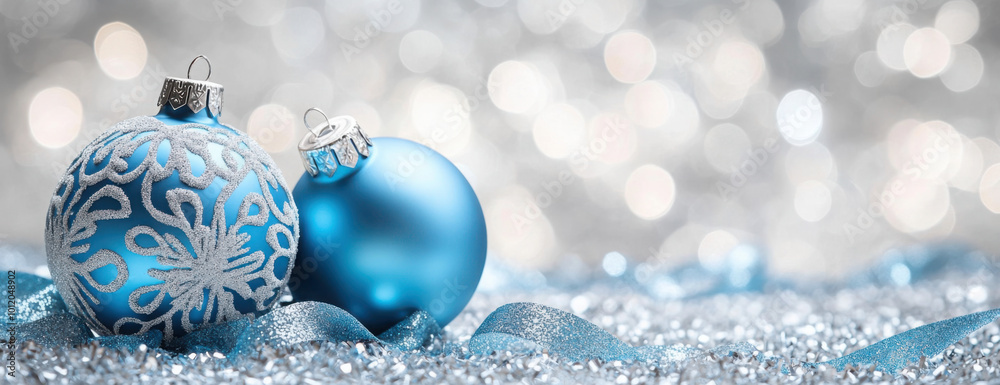 Blue Christmas balls with decoration on shiny background
