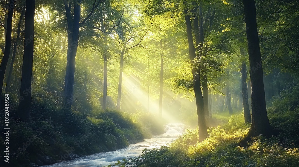 Obraz premium Sunbeams pierce through the misty canopy of a lush green forest, illuminating a flowing stream.
