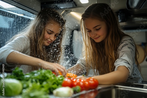 Two girls having fun in kitchen of motorhome while washing vegetables for salad under water, Generative AI