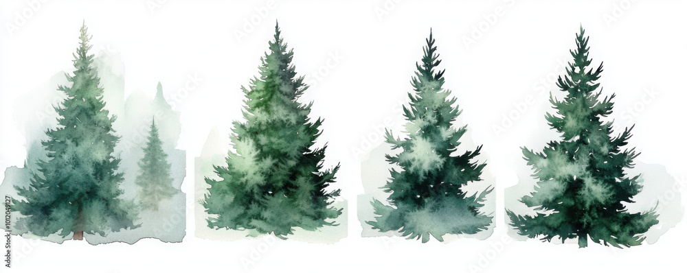Fototapeta premium Set of watercolor christmas trees, hand drawn on a white background. Christmas card. 
