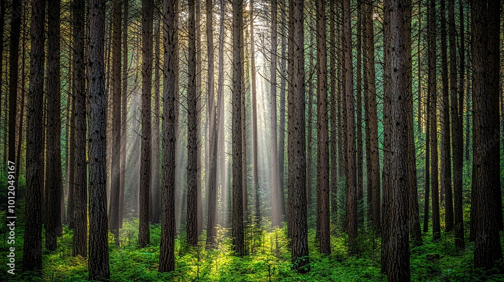 Fototapeta premium Sunlight streams through a dense forest of tall pine trees.