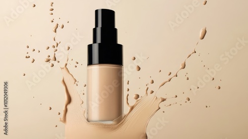 Bottle of Liquid Foundation Concealer with Cream Splashing Around It. AI generated illustration