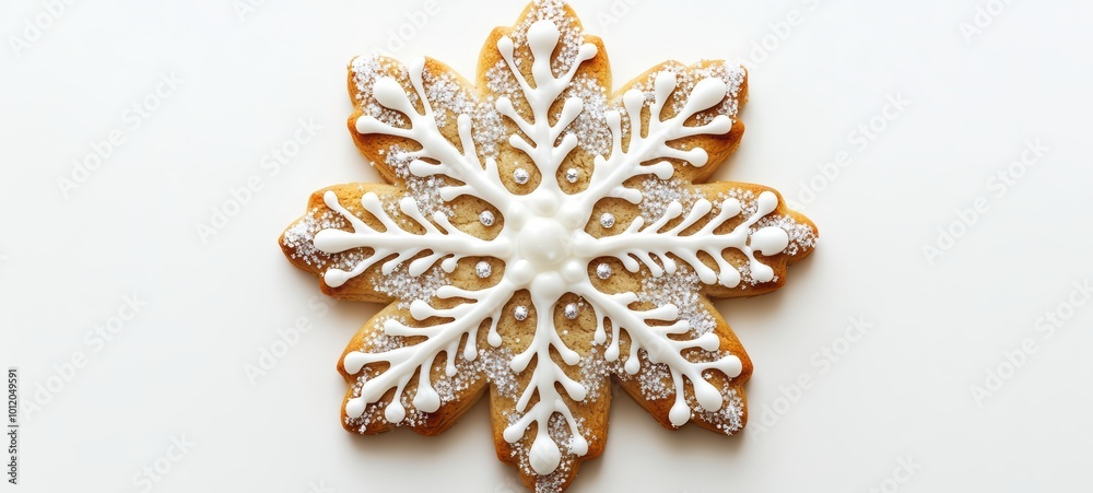 A decorated Christmas cookie shaped like a snowflake and covered in white icing and edible glitter A decorated Christmas cookie shaped like a snowflake and covered in white icing and edible glitter