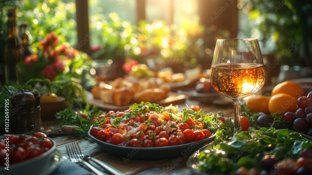 A table setting for a summer dinner with a glass of wine and various dishes, including a salad with tomatoes, herbs, and cheese. The setting is outdoors with a sunny, green background. A table setting for a summer dinner with a glass of wine and various dishes, including a salad with tomatoes, herbs, and cheese. The setting is outdoors with a sunny, green background.