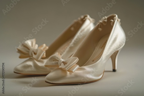 Elegant white high-heeled shoes with bows showcased on a soft carpet, perfect for weddings or formal occasions in a bright and inviting room