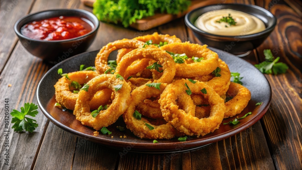 Crispy Golden Fried White Onion Rings Served on a Plate with Dipping Sauce and Garnish on Side Crispy Golden Fried White Onion Rings Served on a Plate with Dipping Sauce and Garnish on Side