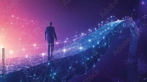 Businessman walking across an arrow-shaped bridge toward futuristic blockchain technology, symbolizing innovation, digital transformation, and financial progress. AI generated illustration.