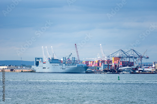 Photography Panorama view of the port and dock yards with moored vessels - Jersey City, NJ, USA