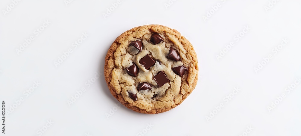 A perfectly round chocolate chip cookie with chunks of melted chocolate, centered on a clean white background A perfectly round chocolate chip cookie with chunks of melted chocolate, centered on a clean white background