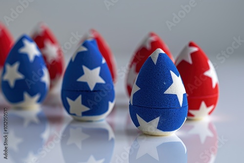 Decorative egg-shaped sponges with red, white, and blue patterns arranged in a row on a smooth surface, perfect for festive celebrations and artistic projects photo