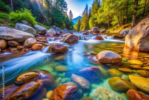 Crystal Clear Water Flowing Over Smooth Rocks in a Serene Natural Setting Under Bright Sunlight