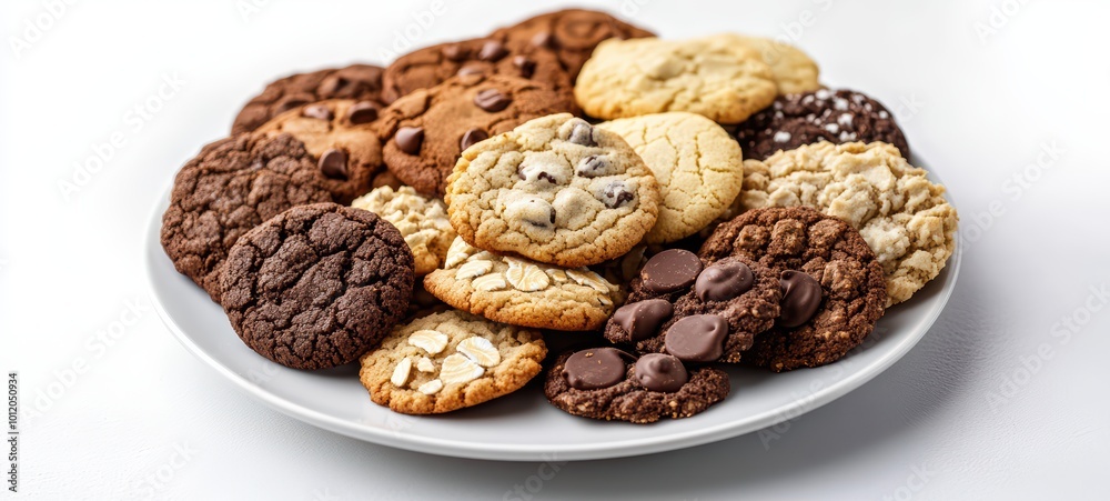 A plate of assorted cookie varieties including chocolate chip, oatmeal, and sugar cookies, arranged on a white background A plate of assorted cookie varieties including chocolate chip, oatmeal, and sugar cookies, arranged on a white background