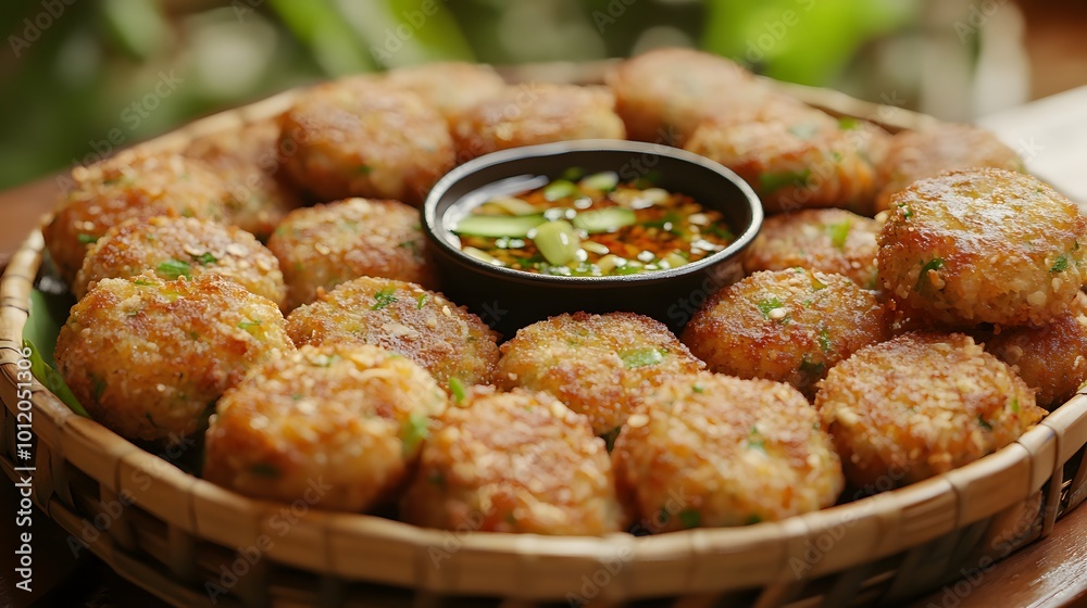 Delicious golden-brown fritters in a bamboo basket with dip.