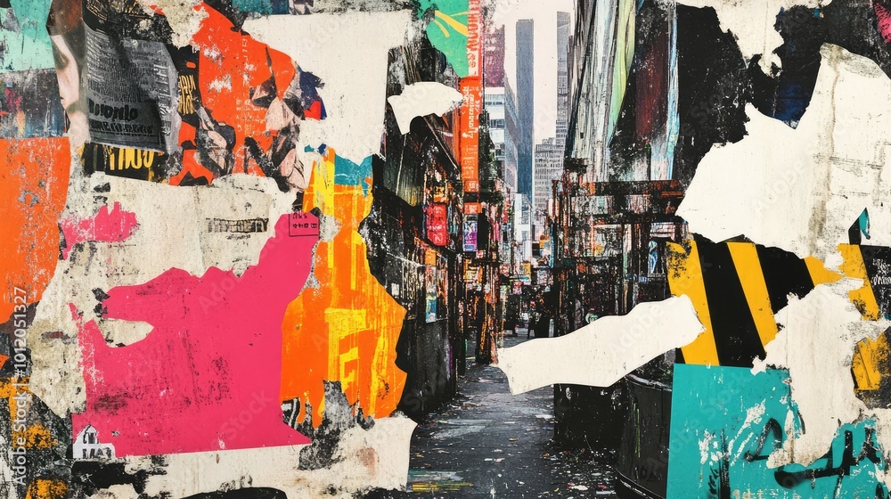 Fototapeta premium Collage of Torn Street Posters Creating an Abstract Background. AI generated illustration