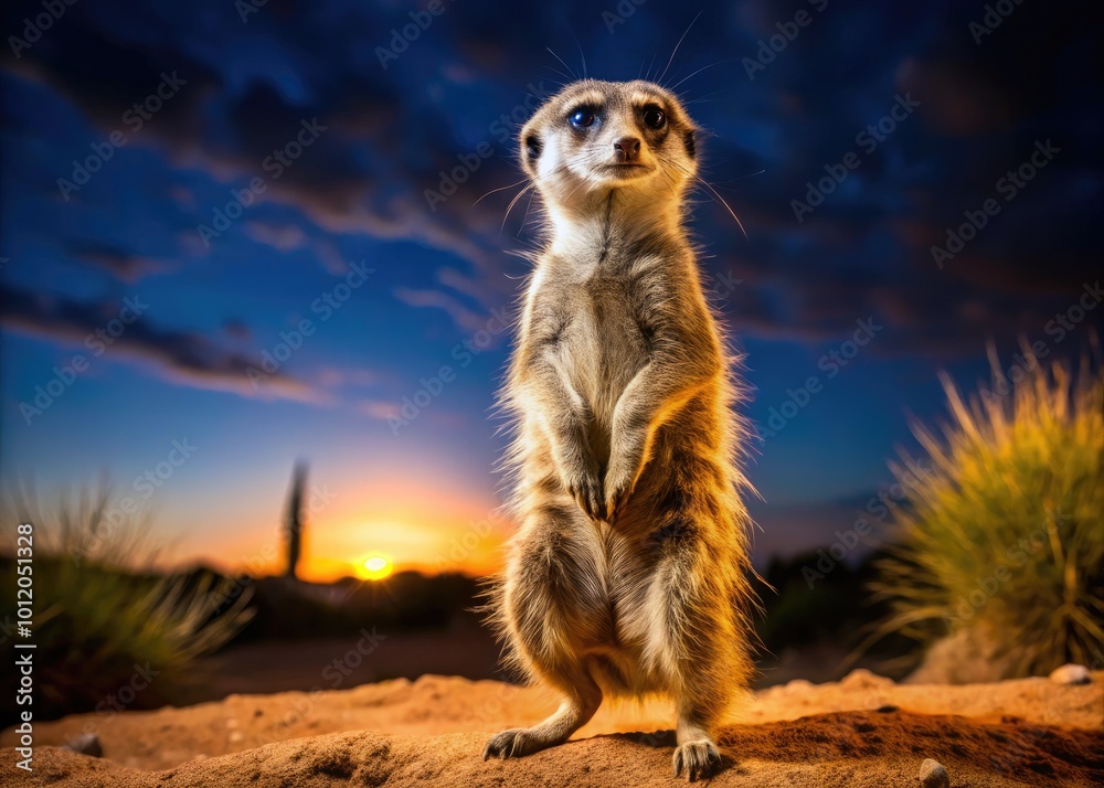 Fototapeta premium Curious meerkat standing upright in the desert, showcasing its alertness and playful demeanor