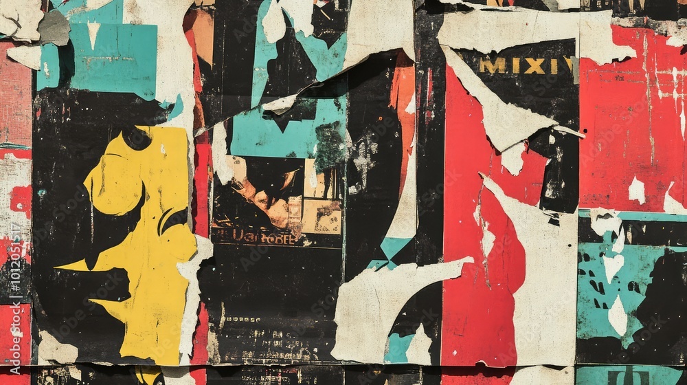 Fototapeta premium Collage of Torn Street Posters Creating an Abstract Background. AI generated illustration
