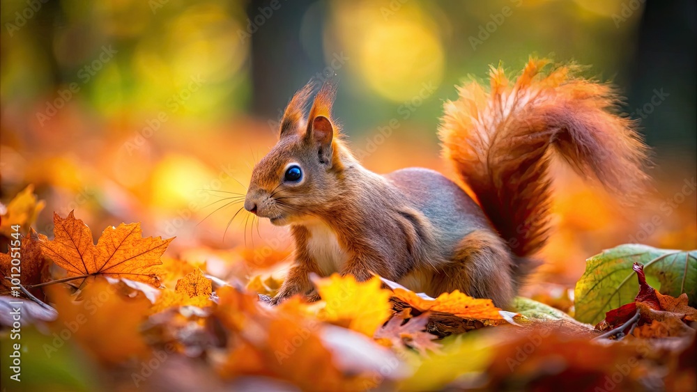 Curious Red Squirrel foraging in a vibrant forest filled with autumn leaves and natural beauty Curious Red Squirrel foraging in a vibrant forest filled with autumn leaves and natural beauty
