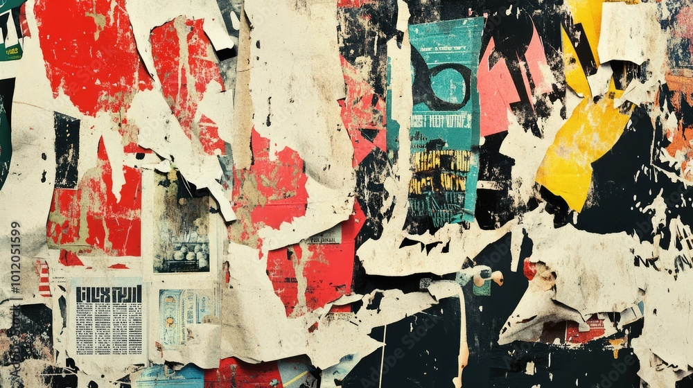 Fototapeta premium Collage of Torn Street Posters Creating an Abstract Background. AI generated illustration